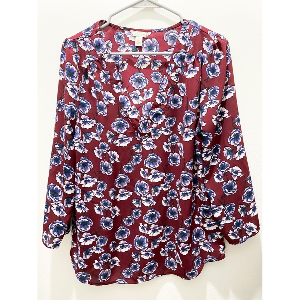 HINGE Maroon Floral Print V-Neck Blouse - Picture 6 of 14